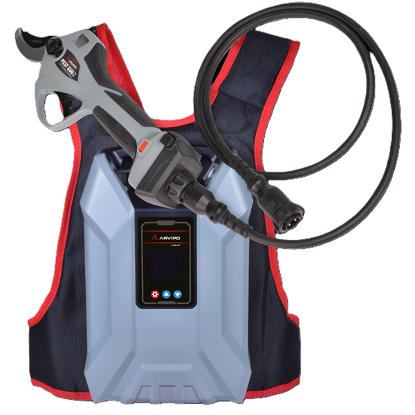 Sécateur éléctrique professionnel avec batterie dorsale.